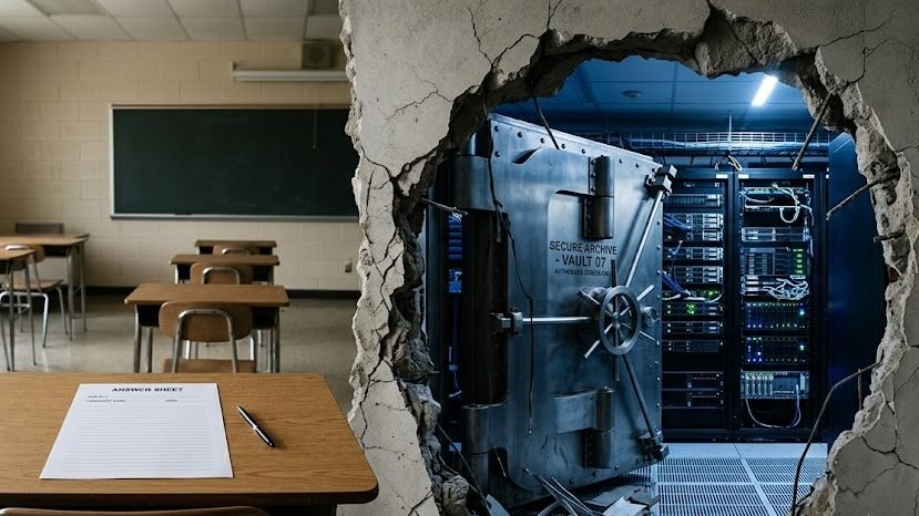 imagem mostra uma prova em branco em uma sala de aula e um cofre arrombado