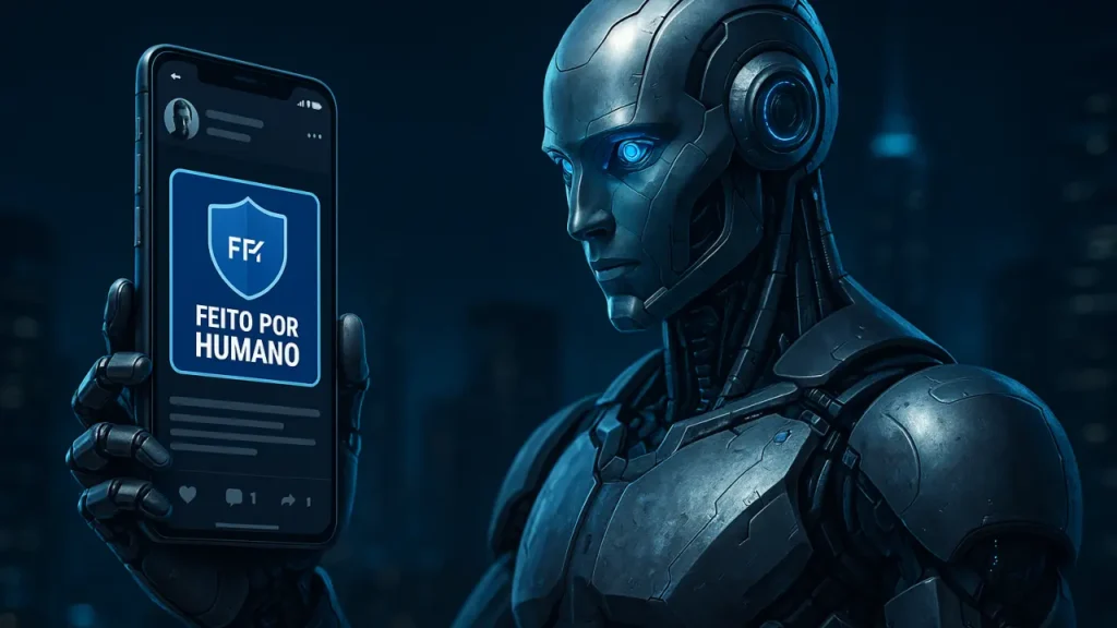 imagem mostra robô olhando para tela de celular com selo de verificação "feito por humano"