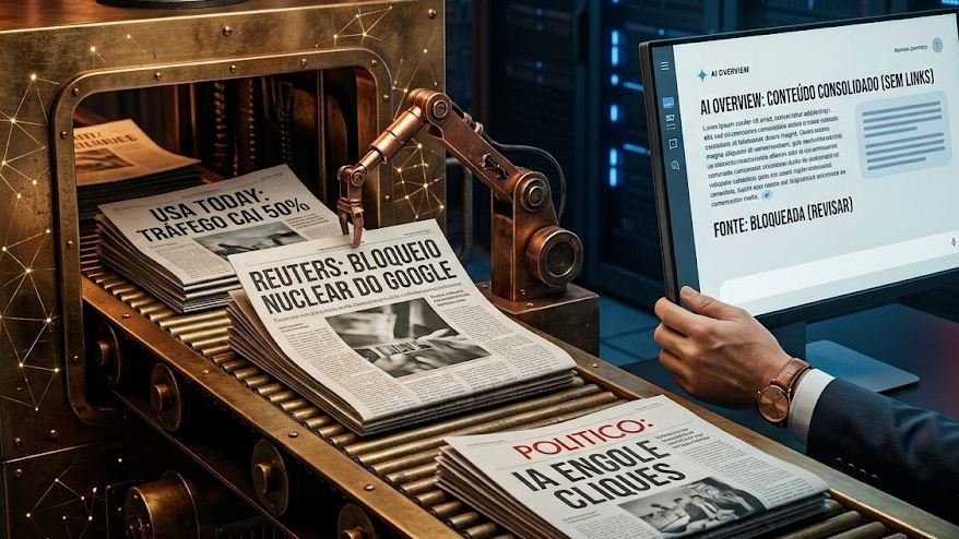 Máquina de impressão com um braço robótico organizando jornais em uma esteira. As manchetes estampam: "USA Today: Tráfego cai 50%", "Reuters: Bloqueio Nuclear do Google" e "Politico: IA engole cliques". Ao lado, um operador humano de terno analisa um monitor que exibe "AI Overview: Conteúdo consolidado (sem links)" e "Fonte: Bloqueada".