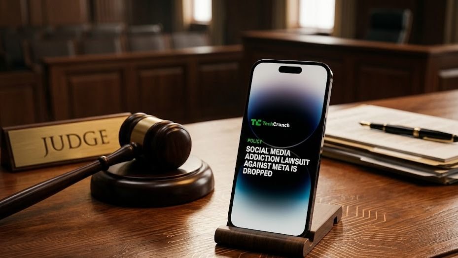 Smartphone em um suporte sobre uma mesa de tribunal ao lado de um martelo de juiz, exibindo na tela uma notícia sobre o processo contra a Meta ser retirado.